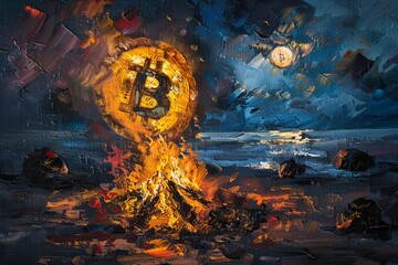 Abstract painting depicting a glowing Bitcoin emblem rising from a fiery campfire against a night sky, symbolizing digital currency and blockchain.