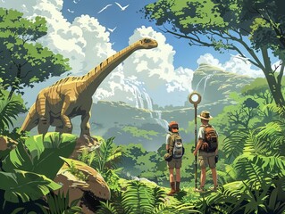 Adventurers encounter a dinosaur in a lush jungle, surrounded by vibrant greenery and a breathtaking view of nature's beauty.