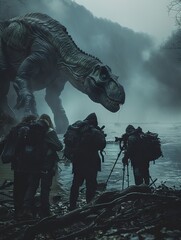 Adventurers encountering a giant, realistic dinosaur in a foggy forest setting, capturing the thrilling moment of discovery and danger.