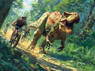Adventurous cyclists being chased by a ferocious dinosaur in a lush, green forest setting. High-energy and thrilling action scene.
