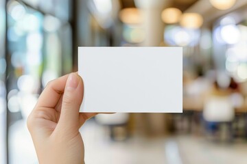 Blank Business card, Paper card template in hand grab on blur indoor cafe background.