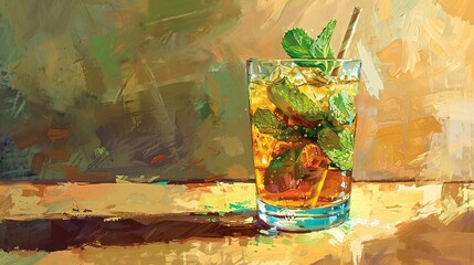 Artistic painting of a refreshing mint julep cocktail with mint leaves, ice cubes, and a straw on a textured background.