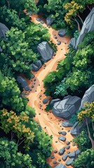 Aerial view of a lush forest with a winding dirt path, surrounded by greenery and rocks, ideal for nature and adventure themes.