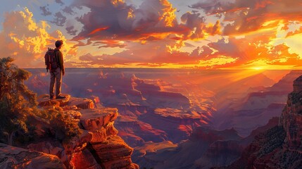 Hiker stands on cliff edge, admiring stunning sunset over vast canyon landscape. Breathtaking journey into nature's grandeur and adventure.