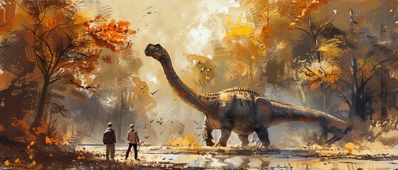 Obraz premium Two people in a forest encounter a large dinosaur. The scene is filled with autumn colors, creating a surreal and vibrant atmosphere.