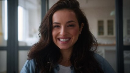 Portrait Caucasian woman girl female lady housewife homeowner householder client at home apartment rent own house indoors loan mortgage credit insurance health medicine smile toothy smiling at camera