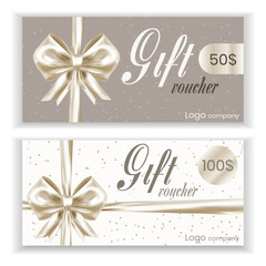 Gift card or voucher template with realistic cream bow ribbon vector set.Luxury design of Gift Vouchers.Template useful for any promotion design, shopping sale card, voucher or gift card