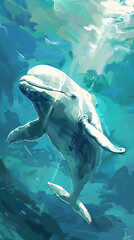Naklejka premium Watercolor painting:Dolphin swimming gracefully in the sea