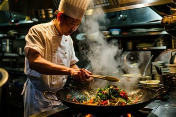 Focused chef stirfrying vegetables in a wok, with the steam rising in a busy commercial kitchen