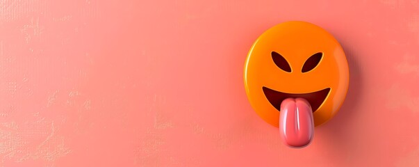 tongue-out emoji on a coral background with space for text The emoji is orange with a playful tongue sticking out