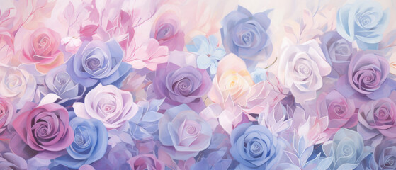 Abstract flower texture with overlapping watercolor roses in pastel shades of pink, purple, and blue, creating a dreamy and romantic atmosphere