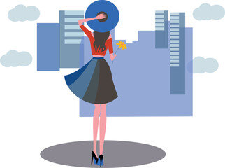 A girl stands holding flowers and wearing a hat.