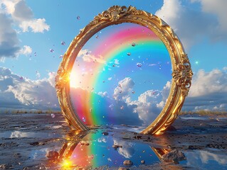 Fantasy Mirror Frame with Cartoon Style Rainbows and Diamonds