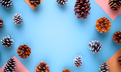 A merry Christmas wreath made with pine cones in the style of minimalist background Pine cones on colored table natural holiday background with pinecones grouped together Flat lay Winter concept.