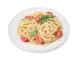 Tasty pasta with tomato, cheese and basil isolated on white