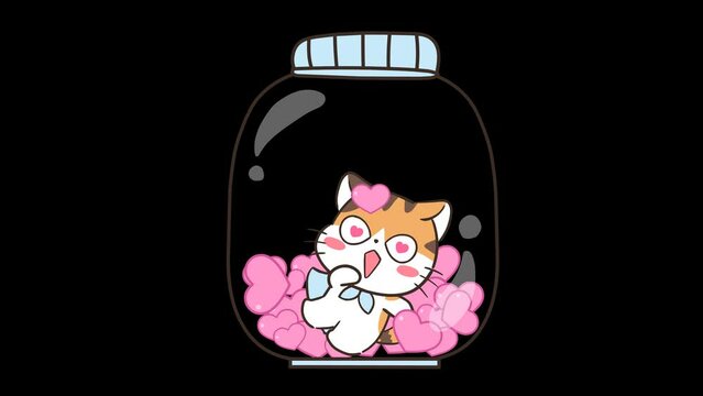 Animated Little Cat in a Heart Bottle - Transparent Background