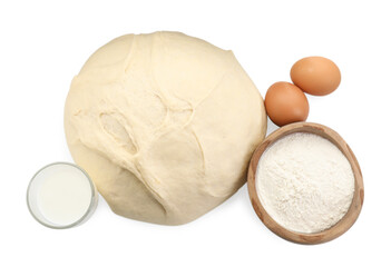 Raw dough and ingredients isolated on white, top view