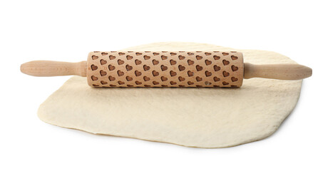 Raw dough and rolling pin isolated on white