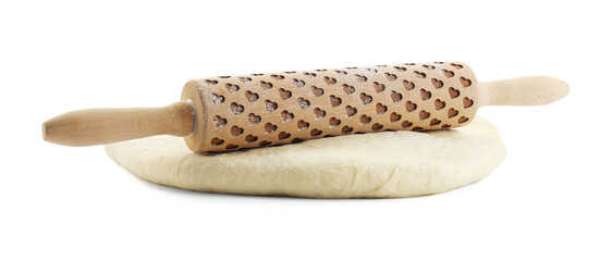 Raw dough and rolling pin isolated on white