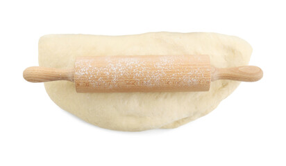 Raw dough and rolling pin isolated on white, top view