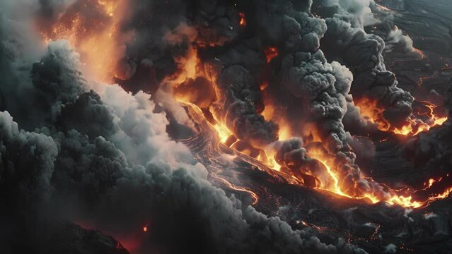 Swirling clouds of ash intertwined with bursts of fiery lava.