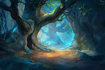 Illustration of  A fantasy high-tech forest with glowing pathways, Generative AI. Beautiful simple AI generated image in 4K, unique.