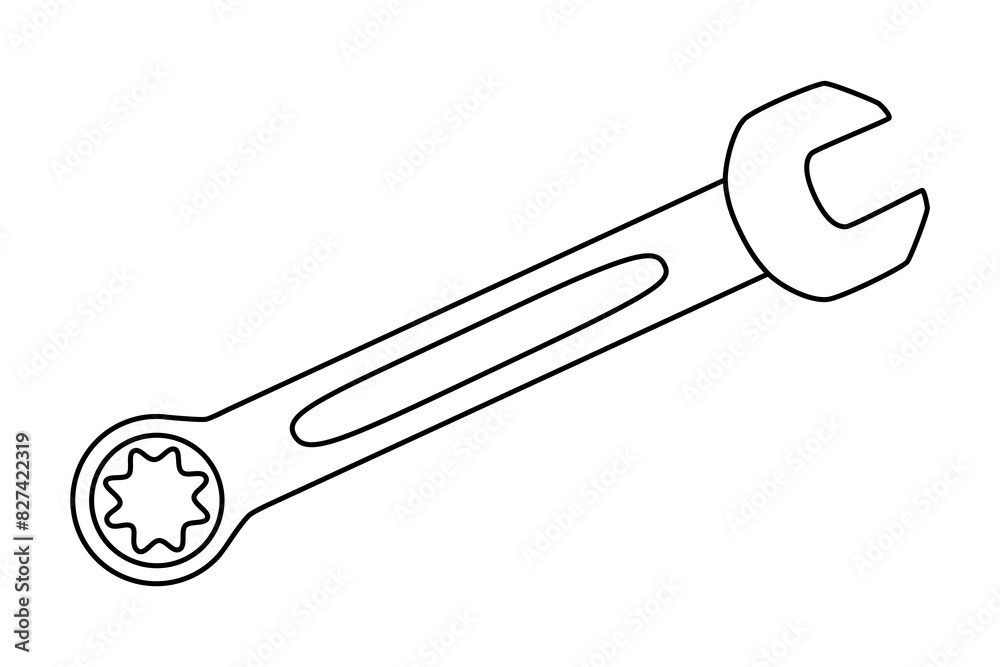 Wall mural hand drawn cute outline illustration of ratcheting wrench or spanner instrument. flat vector repair 