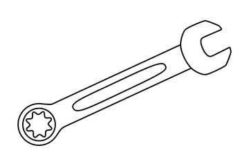 Hand drawn cute outline illustration of ratcheting wrench or spanner instrument. Flat vector repair tool in line art doodle style. Support service hardware icon. Settings or fix problem. Isolated.