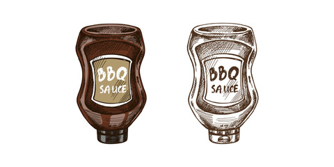 Hand-drawn colored and monochrome vector sketch of bottle of barbecue sauce. Doodle vintage illustration. Decorations for the menu of cafes and labels. Engraved image.