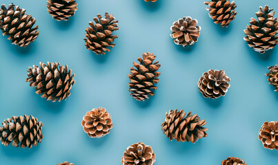Painted fir cone background knolling volumetric pastel tones Christmas flat lay on beige background with fir and cone Happy new year background copy space blue background.