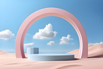  "Pink desert arch with cloudy sky."

