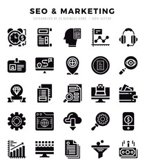 SEO & Marketing Icons Pack. Glyph icons set. Glyph icon collection set.