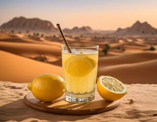 a hyper-realistic photo featuring a refreshing glass of lemon juice against a blurred desert...