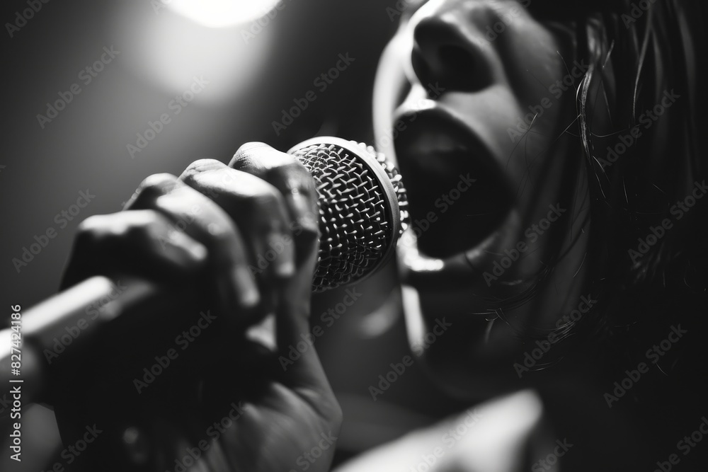 Aufkleber a monochrome close-up image capturing the intensity of a vocalist singing into a microphone, focusin