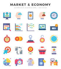 Set of 25 Market & Economy Flat Icons Pack.
