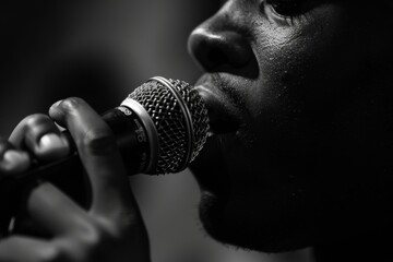 A monochromatic shot of a hand holding a microphone captures a timeless musical moment