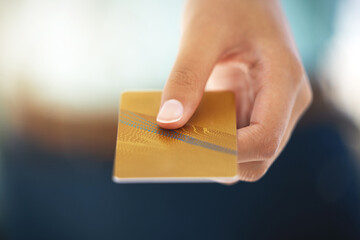 Hand, banking and person holding credit card for shopping in store with purchase or transaction....