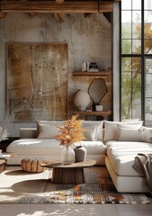 Modern living room interior with rustic and wabi sabi elements