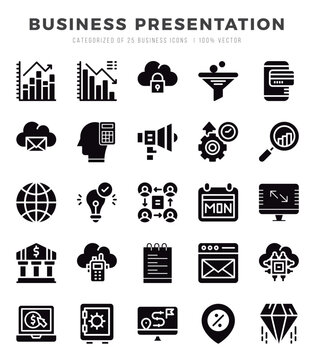 Collection of Business Presentation 25 Glyph Icons Pack.