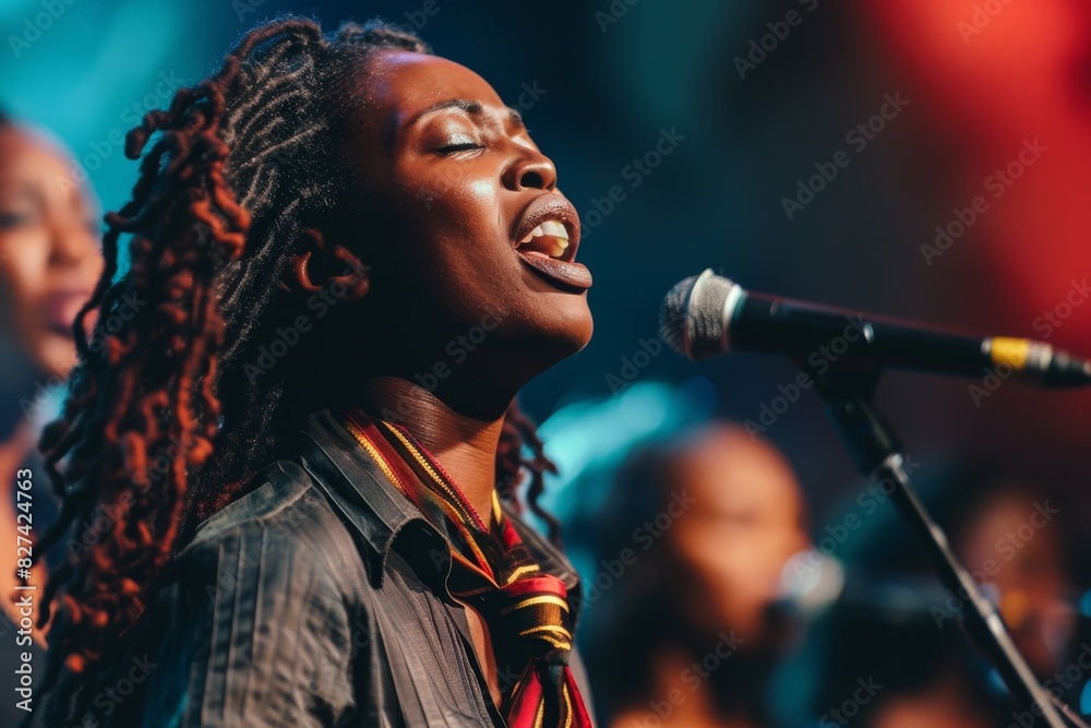 Poster a female singer with dreadlocks is performing live on stage with a microphone and colorful stage lig