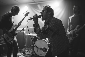 An obscured-face rock band captured in a live performance scene