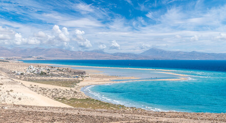 Playa de Sotavento, Fuerteventura: a breathtaking aerial view of crystal-clear lagoons and sweeping...