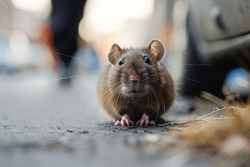 Captivating shot from street-level of a rat looking towards the camera, with cars and urban elements around