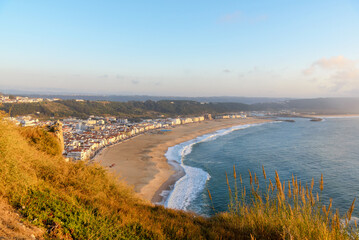Aerial view of Nazare city and Praia da Nazare Beach, Portugal