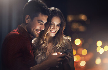 Smartphone, social media and couple on date in city for internet video, funny meme or post. Bokeh,...