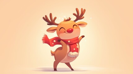 Fototapeta premium A delightful cartoon rendition of a charming Christmas reindeer cheerfully waving embodying the essence of a cute holiday character