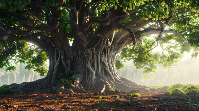 a tall single banyan tree towering into the sky