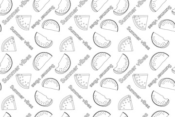 Vector pattern featuring watermelon slices and Summer vibes text in a black-and-white outline, perfect for coloring pages and summer-themed designs.