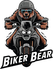 Teddy bear in a dark T-shirt rides a motorcycle vector illustration
