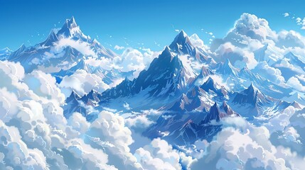 A painting featuring a majestic mountain range with snow-capped peaks shrouded in clouds. Generative AI - Powered by Adobe
